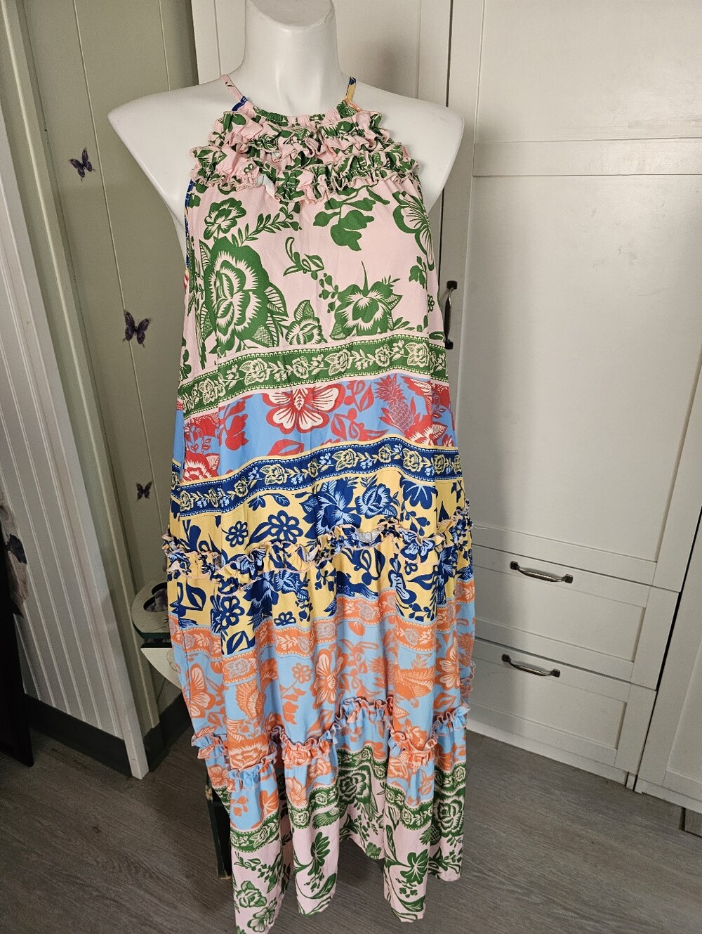 NWT GRACE KARIN Boho Floral Patchwork Halter Maxi Dress Tiered Pocket XL 12-14